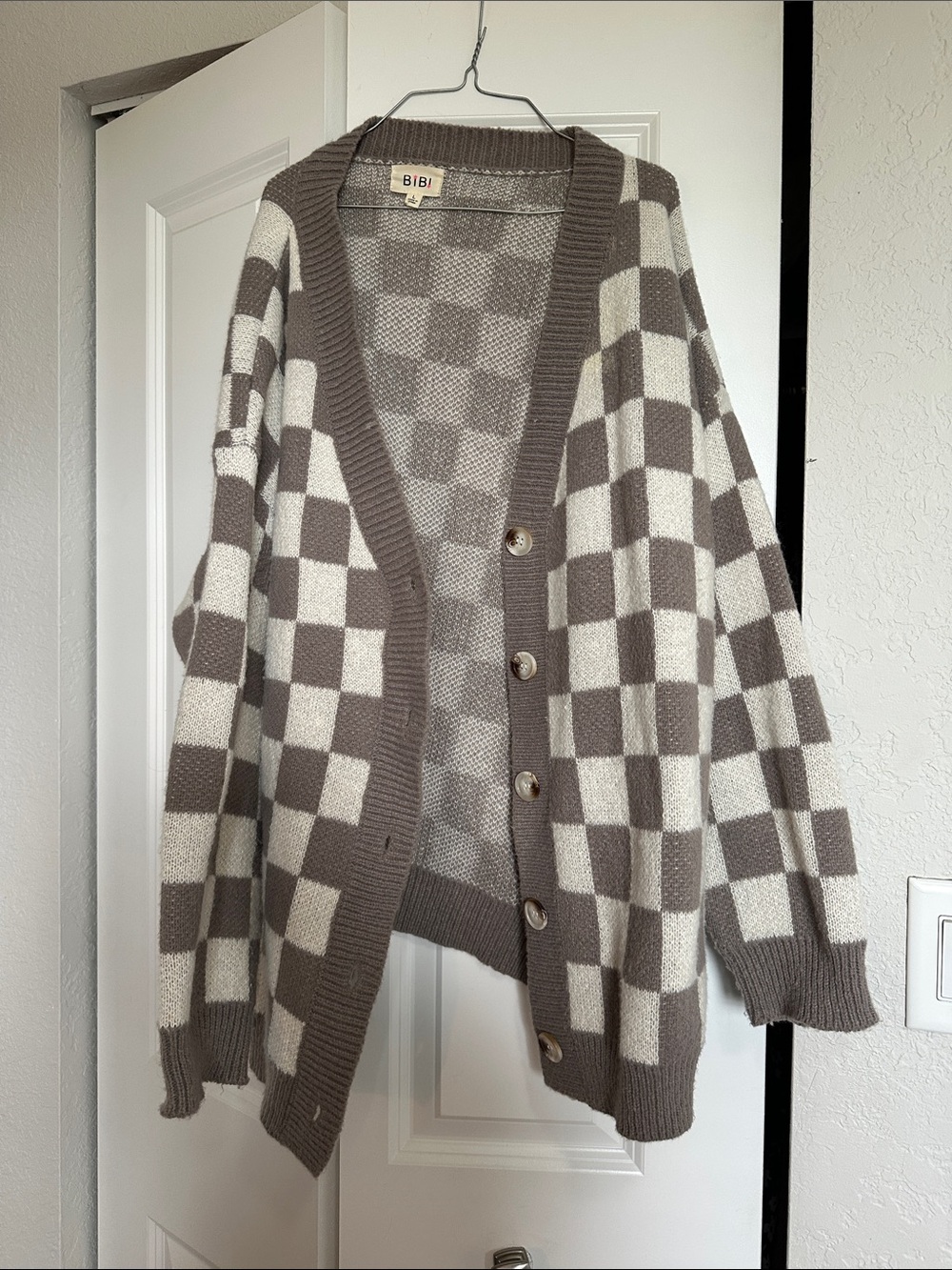 BiBi Taupe and Cream Checkered Button Cardigan